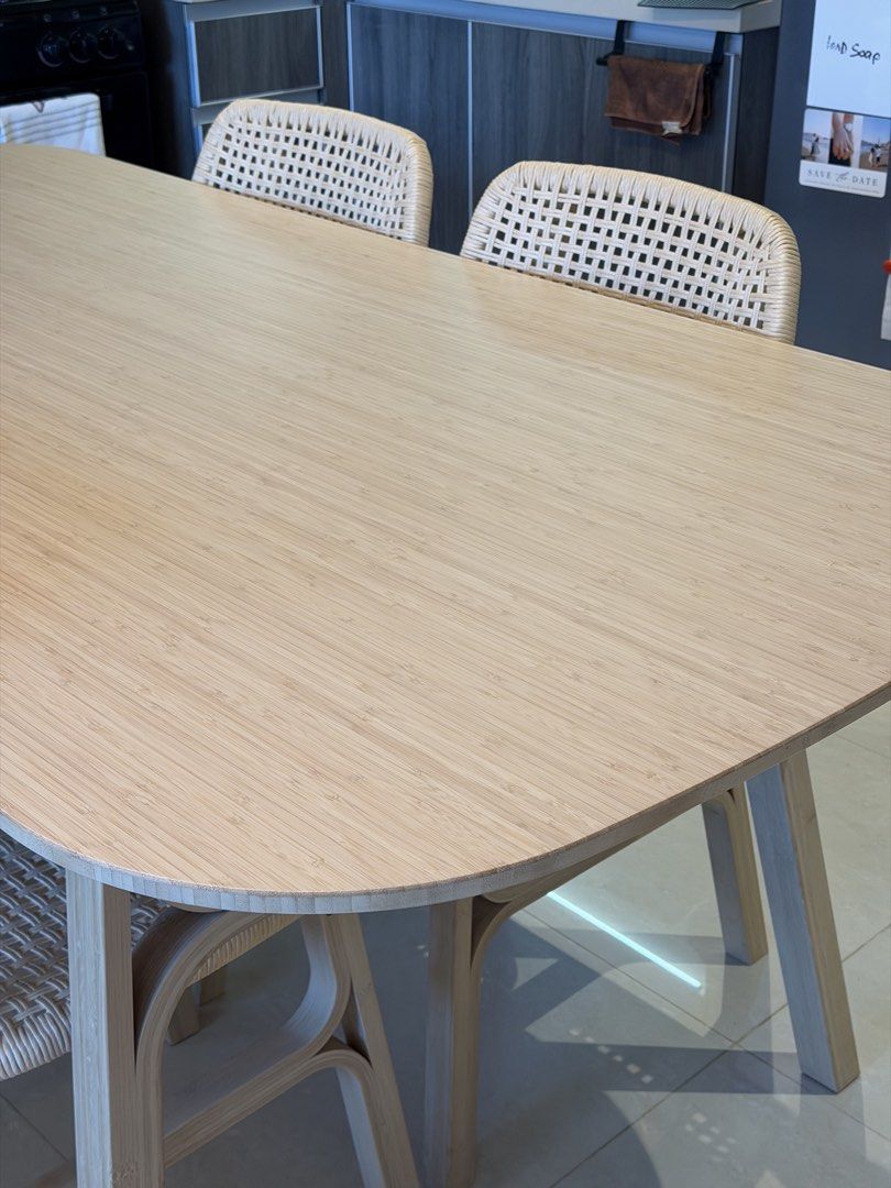 Voxlov Dining Table Set (Category: Tables & Sets) located in Taguig. Submitted by Yukandfriends (Listing ID 1444635134, Image 2). Description: Php26,000 for the dining set. 4 Voxlov chairs 1 Voxlov dining chair Bought last June 2025. All in great condition. If you were to buy a brand new set, it’s Php40,000 + delivery + assemble fee. Rfs: redesigning our space .