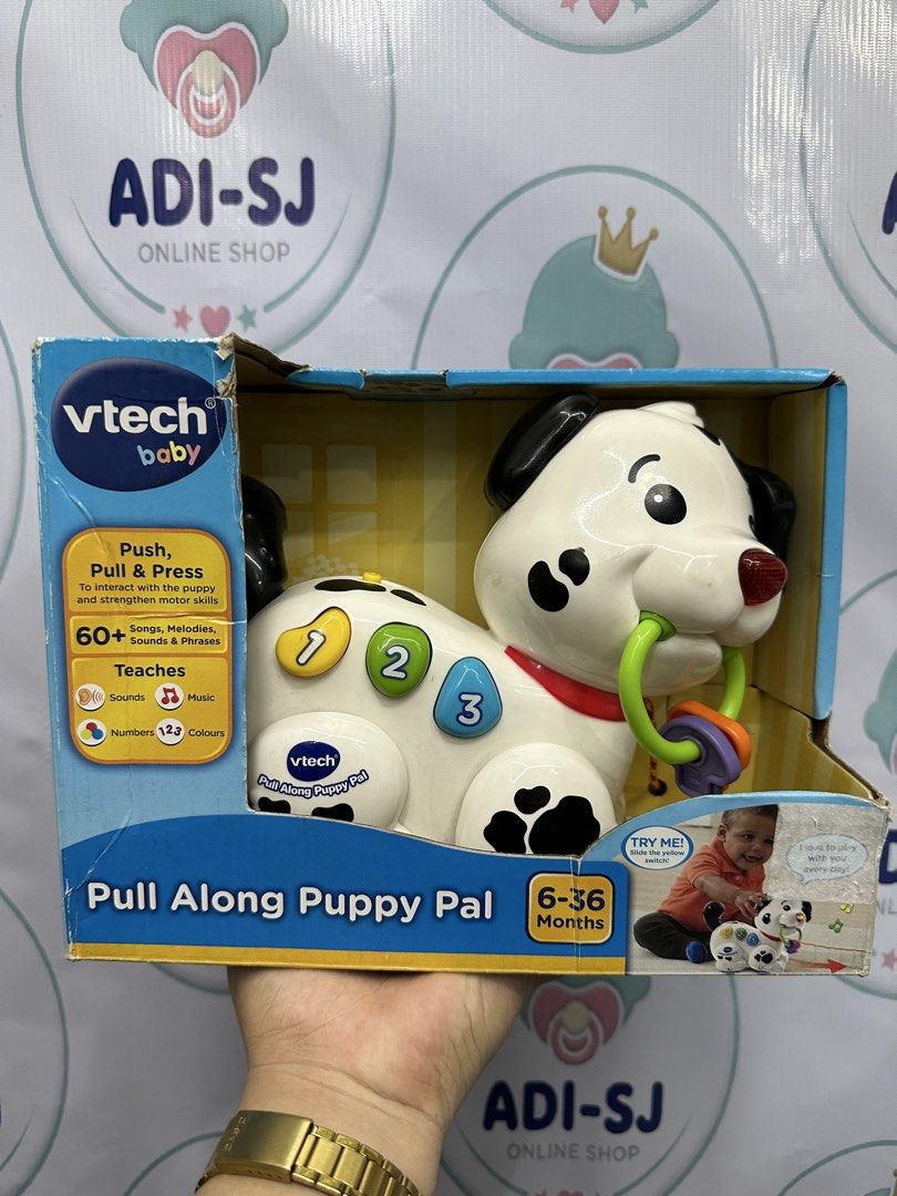 VTech Baby Pull Along Puppy Pal Toy (Category: Infant Playtime) located in Manila. Submitted by airacruz0048042 (Listing ID 1446693726, Image 1). Description: - VTech Baby Pull Along Puppy Pal - Push, pull, and press to interact - Plays over 60 songs, melodies, sounds, and phrases - Teaches sounds, music, numbers, and colours - Suitable for ages 6-36 months - Great for developing motor skills.