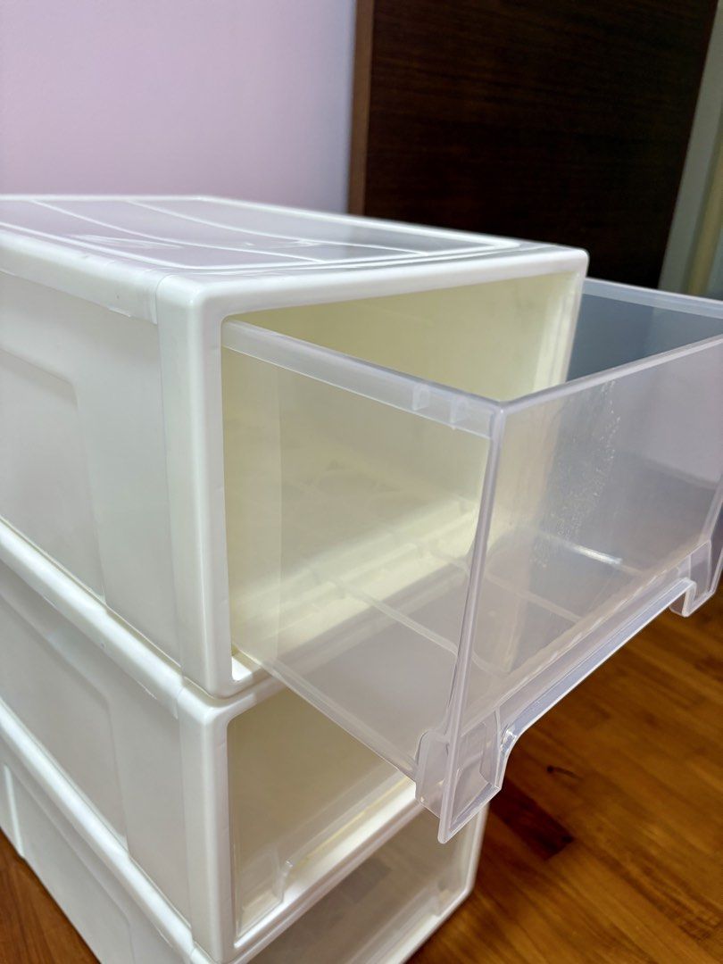 White Plastic Stackable Storage Box Drawers (Set of 3)
