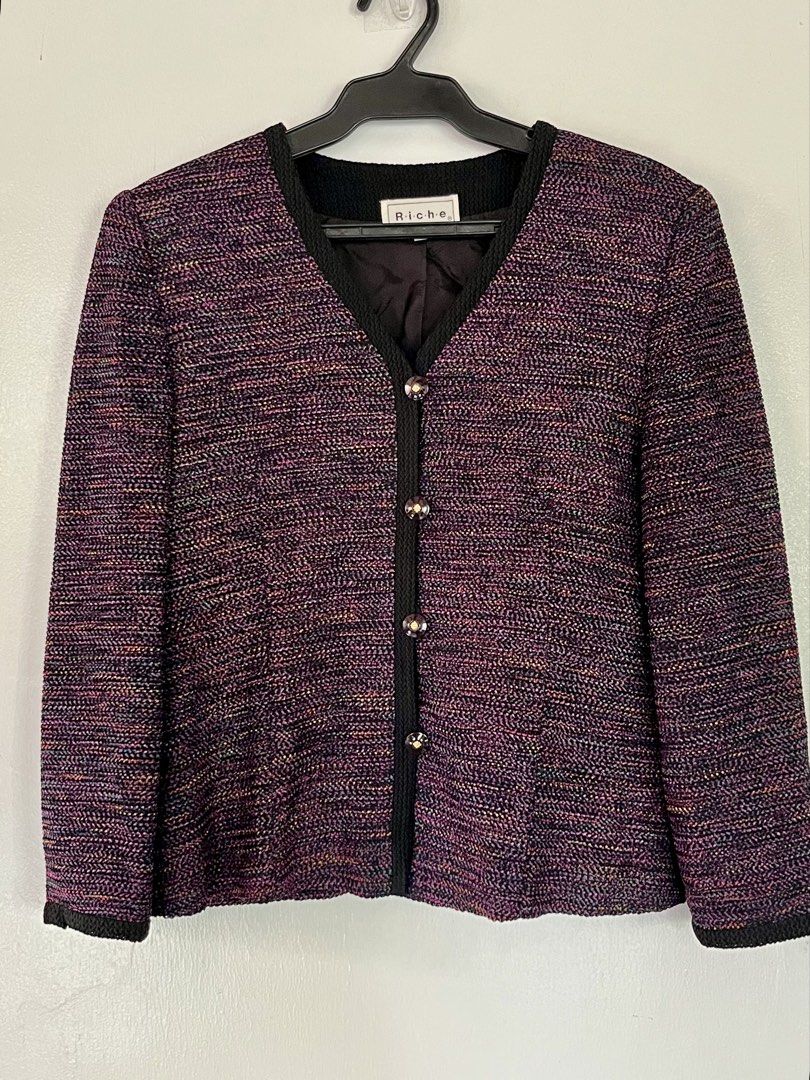 Women's Plum Knit Jacket/ Blazer (Category: Coats, Jackets and Outerwear) located in Marikina City. Submitted by taylorm31 (Listing ID 1446627979, Image 1). Description: * Color: Plum, burgundy, and black marled knit * V-neck design with black braided trim * Four decorative gold-tone jeweled buttons * Long sleeves * Fully lined * Light shoulder padding * Textured woven fabric * Classic tailored fit * Perfect for work, church, business meetings, o