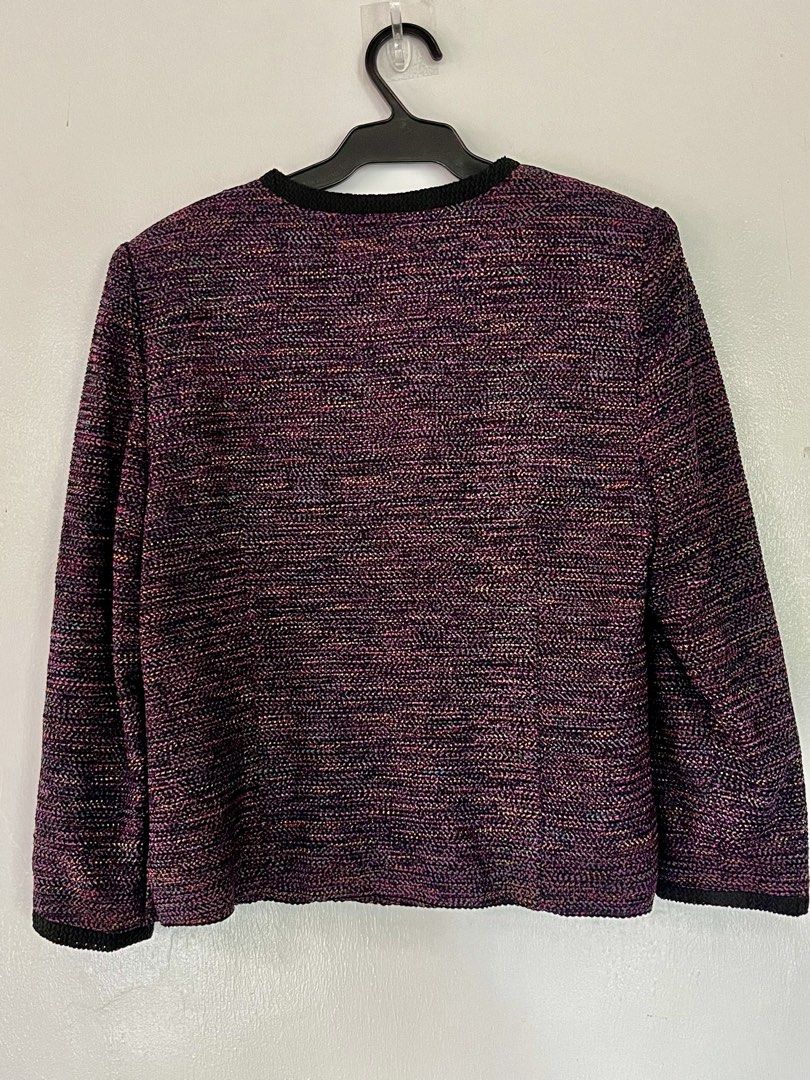 Women's Plum Knit Jacket/ Blazer (Category: Coats, Jackets and Outerwear) located in Marikina City. Submitted by taylorm31 (Listing ID 1446627979, Image 2). Description: * Color: Plum, burgundy, and black marled knit * V-neck design with black braided trim * Four decorative gold-tone jeweled buttons * Long sleeves * Fully lined * Light shoulder padding * Textured woven fabric * Classic tailored fit * Perfect for work, church, business meetings, o