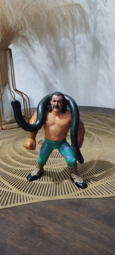 1991 Hasbro WWF Jake The Snake Roberts (Category: Action & Battle Toys) located in Manila. Submitted by ventajetoyz625 (Listing ID 1441722762, Image 1). Description: - Vintage Jake 'The Snake' Roberts wrestling figure - Hasbro version from the WWF era - Includes customized signature snake accessory (resin material) - Perfect for wrestling collectors and memorabilia enthusiasts - "Gimmick" not working.
