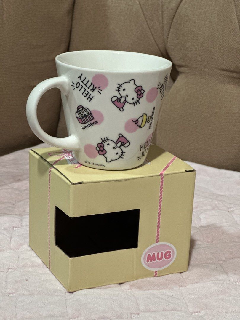2016 Sanrio Hello Kitty Ceramic Mug with pink HK prints (Category: Coffee & Tea Tableware) located in Davao. Submitted by favoritepreloved (Listing ID 1441754845, Image 1). Description: 💜 8.25cm height x 9.25cm diameter .
