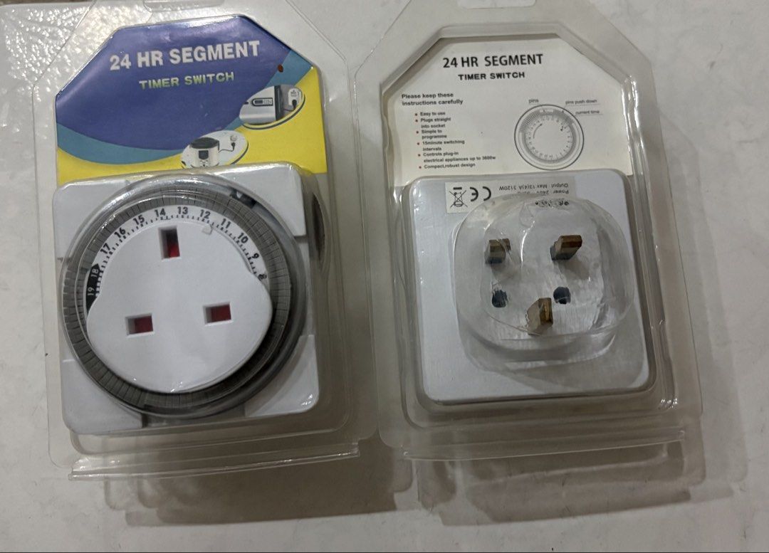 24 HR Segment Timer Switch Plug (Category: Electrical, Adaptors & Sockets) located in Singapore. Submitted by ialicee (Listing ID 1441718749, Image 1). Description: - 24-hour segment timer switches - Plug-in type for easy appliance control - Simple to use, just plug in - Compact design - Ideal for setting schedules for your devices - Both are brand new and in original packaging - TE: 16A - Output Max 13A, 3120W - $15 for 2.