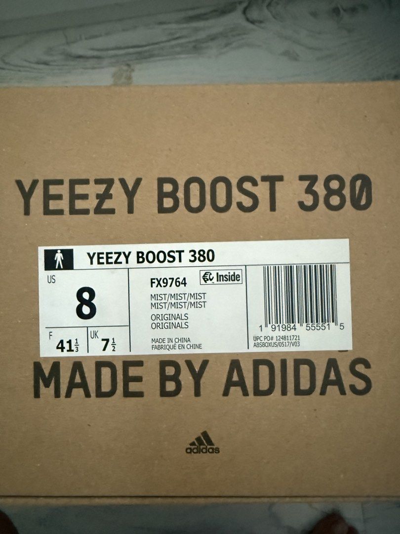 Adidas Yeezy Boost 380 Mist Grey/Orange Size 8 (Category: Sneakers) located in Singapore. Submitted by qkjrdl (Listing ID 1441644764, Image 3). Description: - Adidas Yeezy Boost 380 - Color: Mist Grey/Orange - Size: US 8 - Authenticity guaranteed: Purchased from Kith - Includes original box - Original receipt available.