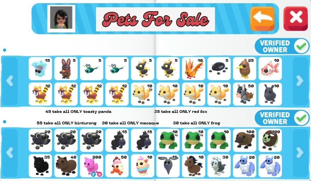 Adopt Me: Pets (1 Updated) (Category: In-Game Products) located in Manila. Submitted by a_silor (Listing ID 1441559863, Image 2). Description: DM! Minimum of 20 per transaction if possible. If you're looking for other pets not on the listing, send a message of the pet you are looking for to pre-order. (High Tiers are exempted).