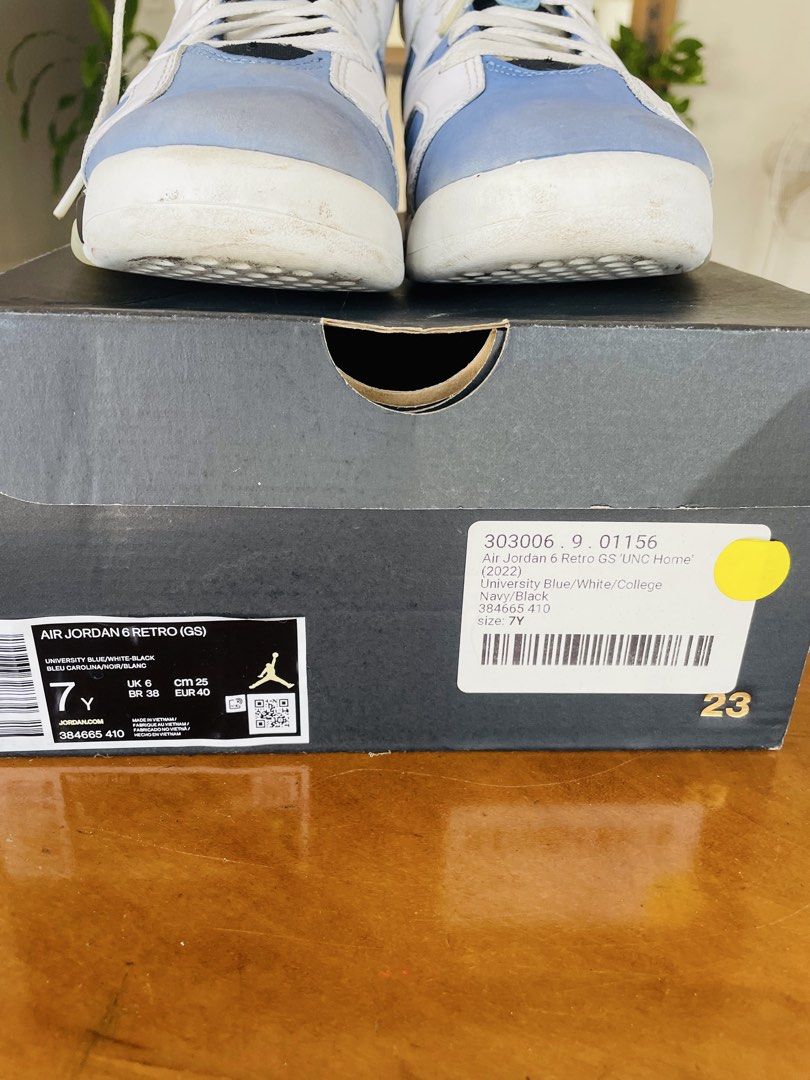 Air Jordan 6 Retro GS 7Y (Category: Sneakers) located in Makati City. Submitted by gr8bargain (Listing ID 1441600416, Image 3). Description: Air Jordan 6 Retro GS UNC Home 2022 University Blue / White/ College Navy/ Black Size 7Y UK6 EUR 40 CM 25 With original box. Item purchased in NYC Sole Republic store.