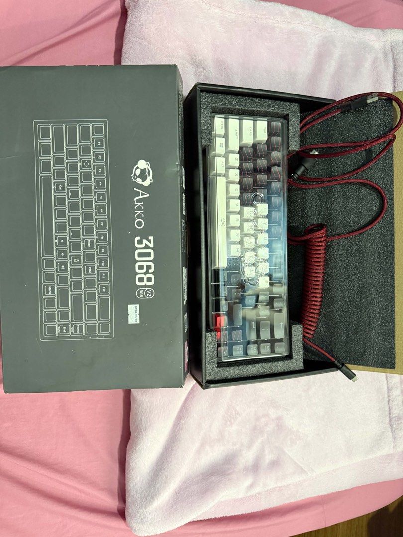 Akko 3068 V2 RGB Mechanical Keyboard (Category: Computer Keyboard) located in Pasig City. Submitted by saivaldez_ (Listing ID 1441718669, Image 3). Description: Akko 3068 V2 RGB mechanical keyboard - Replaced with Akko Fairy Silent Switches - Comes with original box Inclusions: - White Keycaps: Hyper X - Black and Red Keycaps: Attack Shark - Black Keycaps: Stock Akko - Complete Stock Keycaps - Hyper X USB-C Coiled Cable (red) rfs: need funds (sli