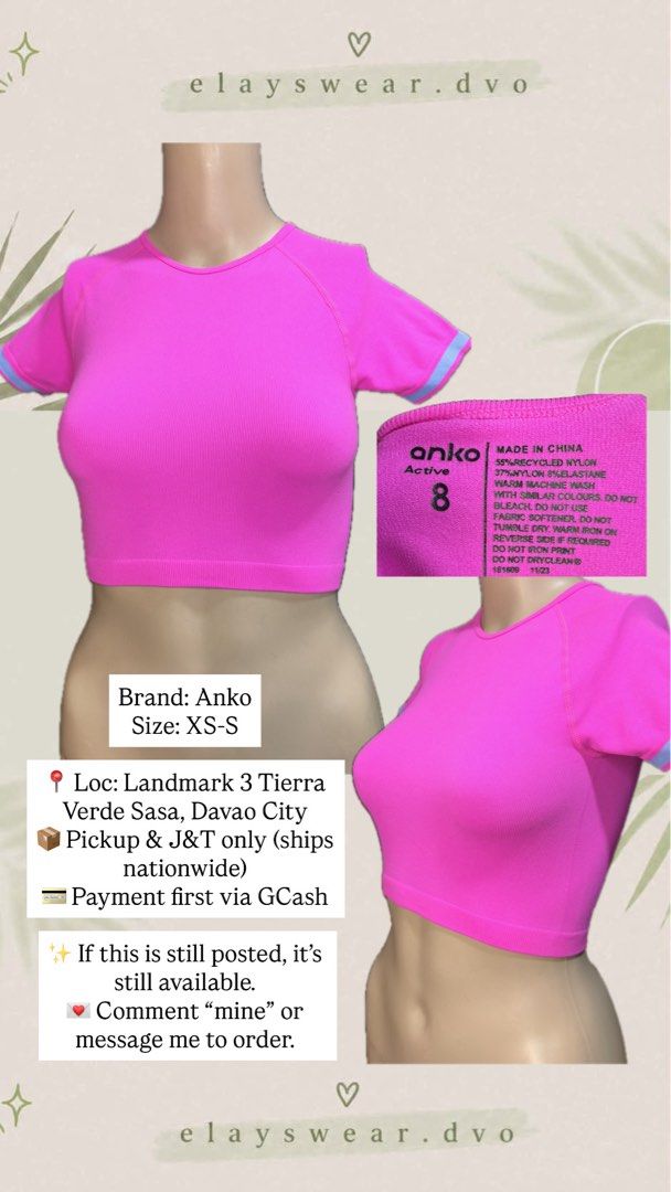 Anko Active Pink Cropped Top XS-S (Category: Activewear) located in Davao. Submitted by elizzadiac (Listing ID 1441605661, Image 1). Description: - Pink Anko Active cropped top - Size: XS-S - Material: Recycled nylon & elastane - Perfect for workouts or casual wear - Location: Landmark 3 Tierra Verde Sasa, Davao City - Pickup & J&T shipping available nationwide - Payment: GCash - To order: Comment 'mine' or send a message.
