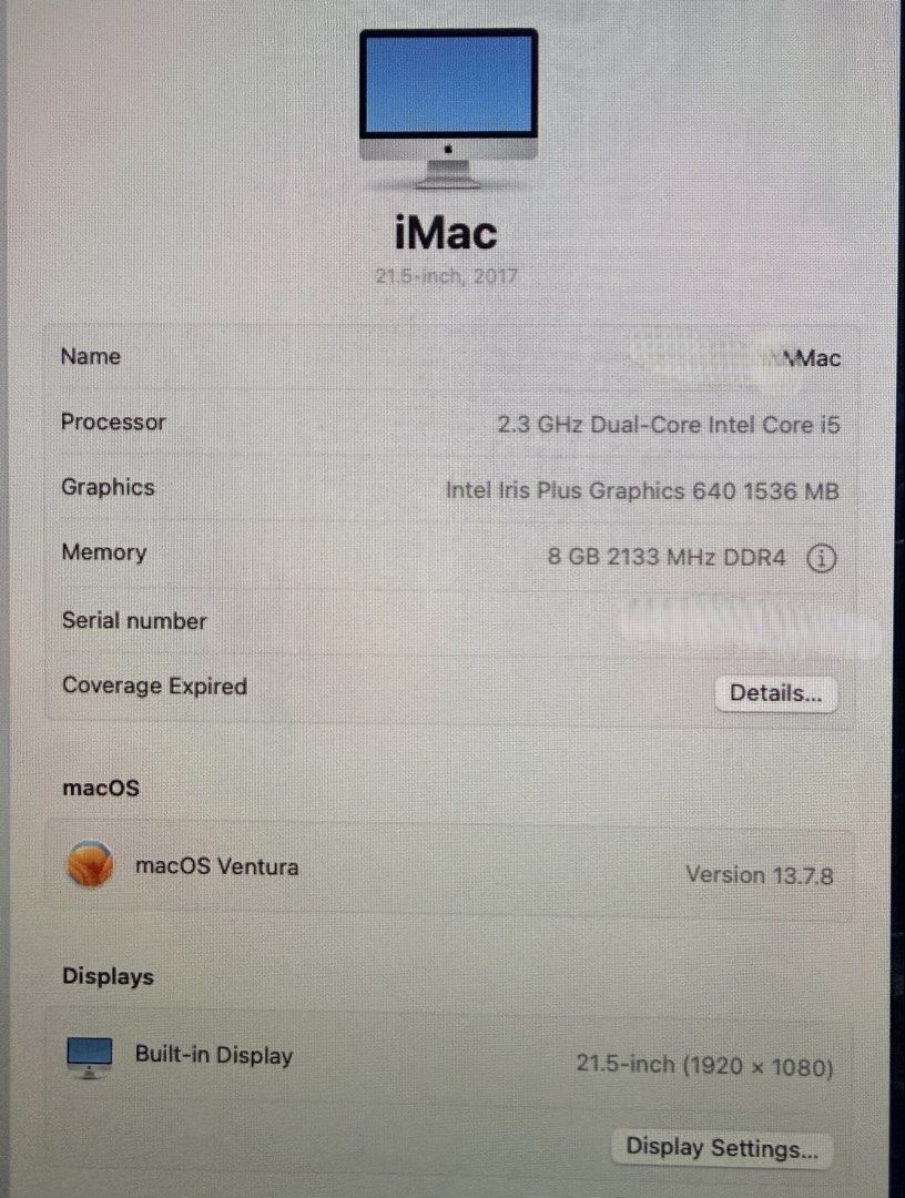 Apple iMac 21.5-inch 2017 Intel Core i5 (Category: Desktops) located in Singapore. Submitted by kenny_optimusprime (Listing ID 1441716656, Image 2). Description: - 2017 21.5-inch iMac - 2.3 GHz Dual-Core Intel Core i5 - 8 GB RAM - Intel Iris Plus Graphics 640 - Running macOS Ventura - 1920 x 1080 resolution display - Ideal for everyday tasks and work.