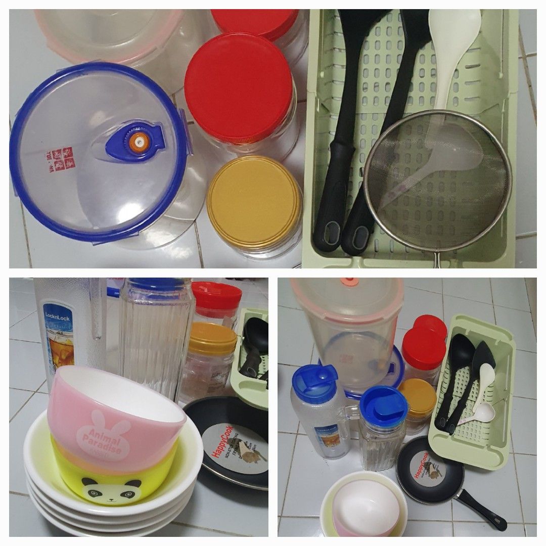 Assorted Kitchen Containers, Utensils, and Bowls