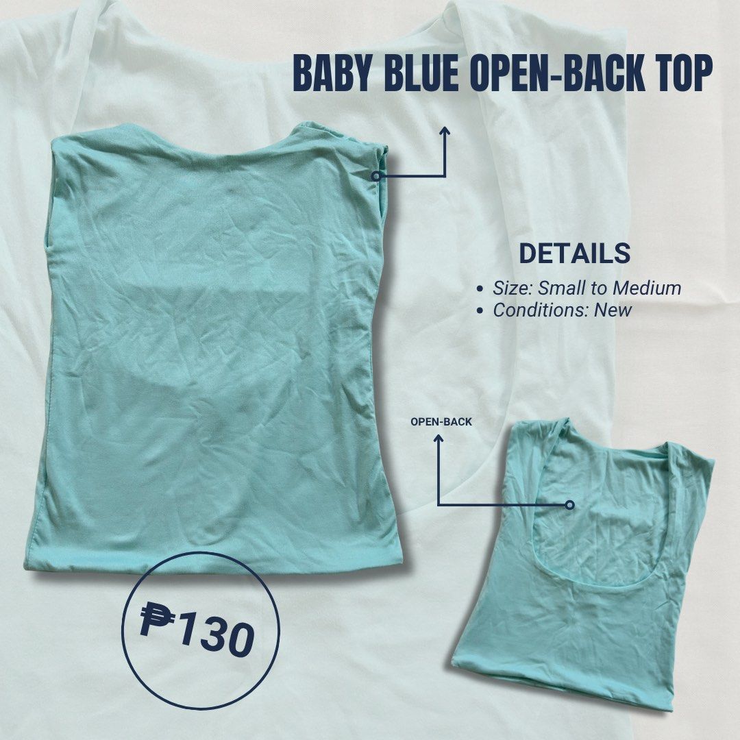 Baby Blue Open-Back Top - Size Small to Medium (Category: Blouses) located in Bacolod City. Submitted by frankie.kay (Listing ID 1441688297, Image 1). Description: - Brand New Baby Blue Top - Chic Open-Back Design - Fits Sizes XS - Small - Versatile for Casual Wear or Layering.