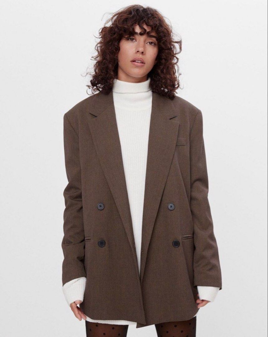 BERSHKA Brown Double-Breasted Oversized Blazer (Category: Coats, Jackets and Outerwear) located in Manila. Submitted by dearlili_ (Listing ID 1441590356, Image 1). Description: Darker brown in real life.