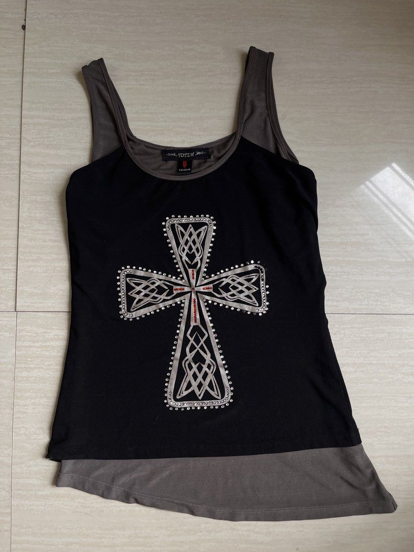 Black Tank Top with Rhinestone Cross Design (Category: Sleeveless) located in Quezon City. Submitted by lyz.neko (Listing ID 1441620256, Image 1). Description: Vintage Totem Y2K Grunge Top Price: ₱499 Size: small-medium (stretchable) Color: Black and Gray Condition: 8/10 (never worn but has a few missing rhinestones due to storage. Barely noticeable when worn!) RFS: Declutterring my closet Details: - Large Celtic knot cross design on front - Embe