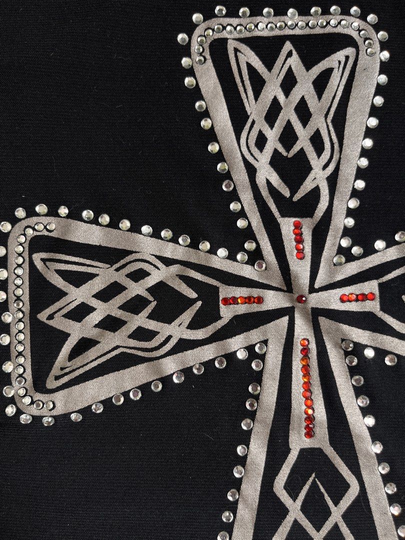Black Tank Top with Rhinestone Cross Design (Category: Sleeveless) located in Quezon City. Submitted by lyz.neko (Listing ID 1441620256, Image 2). Description: Vintage Totem Y2K Grunge Top Price: ₱499 Size: small-medium (stretchable) Color: Black and Gray Condition: 8/10 (never worn but has a few missing rhinestones due to storage. Barely noticeable when worn!) RFS: Declutterring my closet Details: - Large Celtic knot cross design on front - Embe