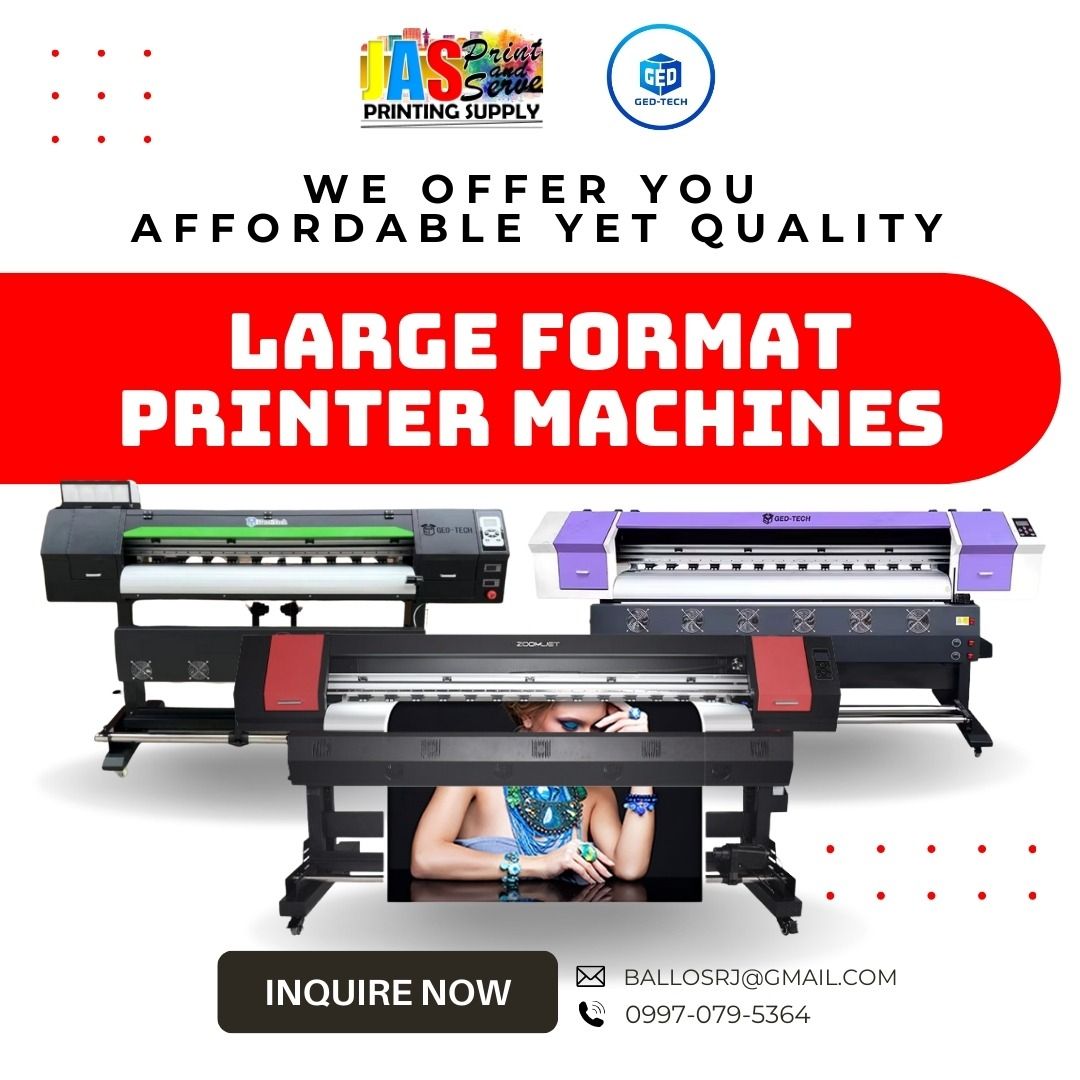 BRAND NEW LARGE FORMAT PRINTER MACHINES (Category: Printers, Scanners & Copiers) located in Manila. Submitted by rjballos (Listing ID 1441595978, Image 1). Description: 🚨 START YOUR PRINTING BUSINESS NOW! Low budget but big plans? Turn shirt printing, sublimation, tarpaulin & stickers into daily income with our affordable, high-quality printing machines! 🖨️ AVAILABLE MACHINES: DTF • Sublimation • Eco-Solvent • Heat Press • Cutter Plotter • Lami