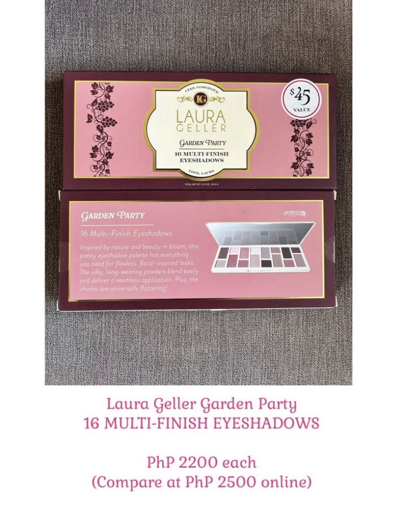 BRANDED MAKEUP SELECTIONS (Category: Makeup) located in Muntinlupa City. Submitted by centralintel8 (Listing ID 1441676001, Image 3). Description: Branded Makeup Selections (All Brand-New, Sealed, and Original) *** Ellen Tracy TOTAL EYE ESSENTIALS PhP 1300 Compare at PhP 1450 online Anastasia Beverly Hills NOUVEAU PALETTE PhP 3000 Compare at PhP 3300 online Laura Mercier ARTISTRY ICONS PhP 1500 each Compare at PhP 1800 online Laura Geller Garden 