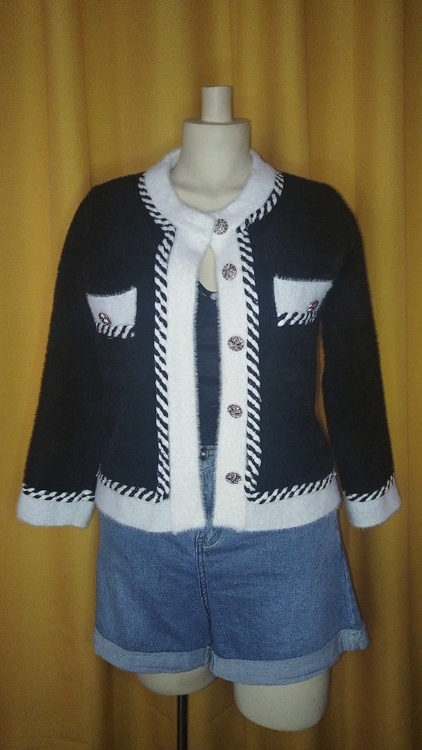 Bread & Butter Black & White Trim Cardigan (Category: Coats, Jackets and Outerwear) located in Baguio. Submitted by charmz_thrift (Listing ID 1441701029, Image 2). Description: - Cute Bread & Butter cardigan - Black with white trim and fuzzy details - Button closures - Pocket details - Versatile style, great with denim shorts - Size: S-Semi L.