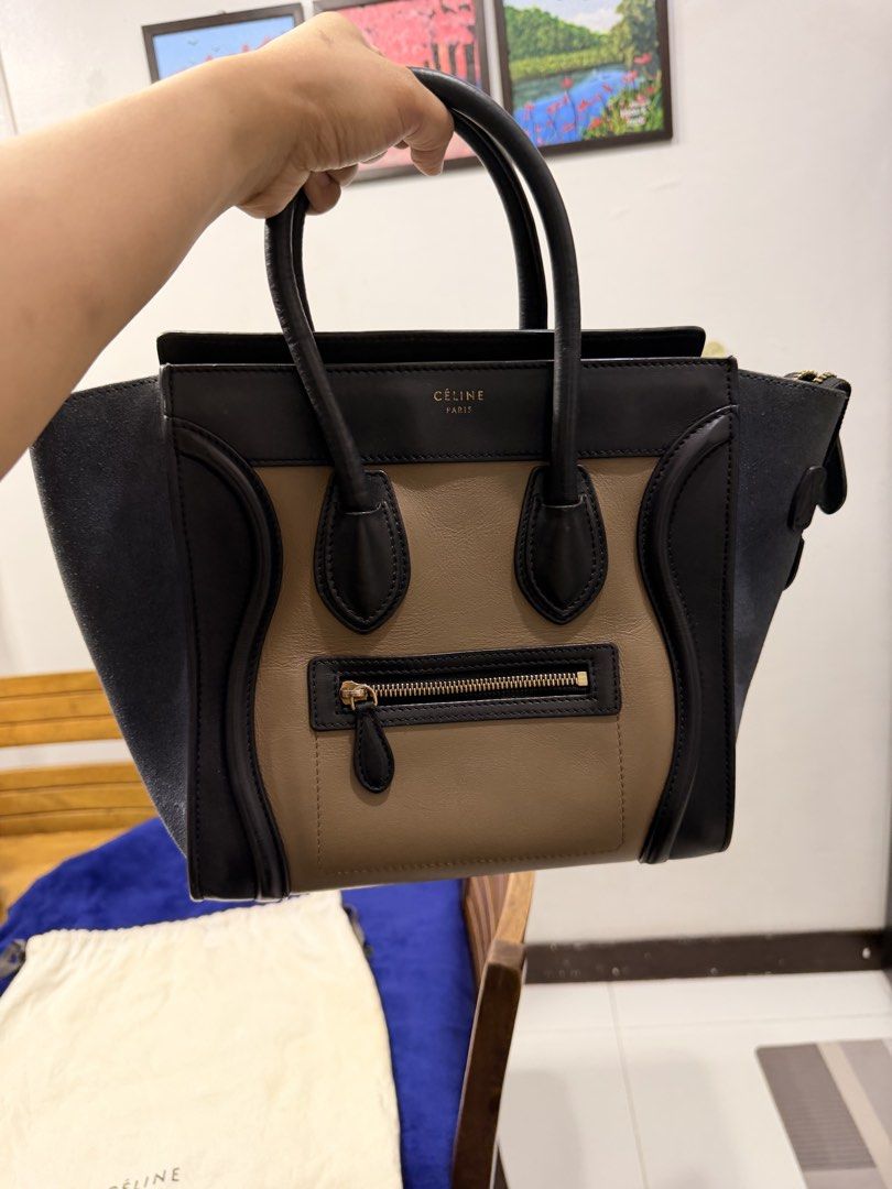 Celine Micro Luggage Tote Bag (Category: Luxury Bags & Wallets) located in San Mateo. Submitted by jedcano (Listing ID 1441740744, Image 1). Description: - Celine Nano Luggage tote - Color: Black, tan, and navy blue - Material: Leather and suede - Closure: Top zipper - Exterior: Front zipper pocket - Interior: Pockets - Includes: Dust bag - Ideal for: Everyday use.