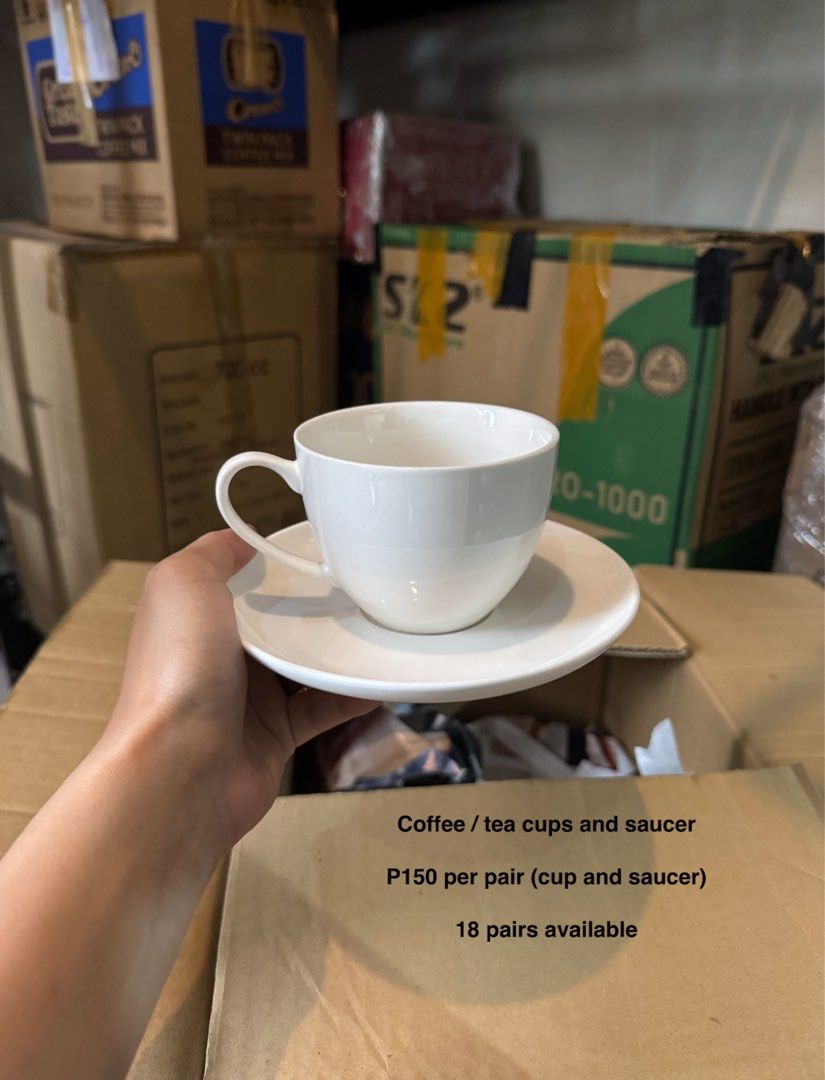 Coffee/Tea Cups and Saucers - 18 Pairs Available (Category: Coffee & Tea Tableware) located in Taguig. Submitted by kmtshops (Listing ID 1441716617, Image 1). Description: - Set includes 1 coffee/tea cup and 1 matching saucer. - Price: P150 per pair. - Quantity available: 18 pairs. - Perfect for your morning coffee or afternoon tea. - Features a simple and classic design. 📍imus cavite.