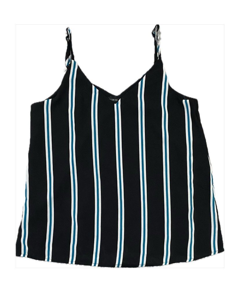 COTTON ON Black Striped Cami Top (Category: Sleeveless) located in Quezon City. Submitted by ndrmkl (Listing ID 1441616041, Image 1). Description: - Black cami top - White and teal stripes - V-neckline - Thin, adjustable straps - Lightweight material - Perfect for layering or wearing solo - Easy to pair with jeans or shorts.