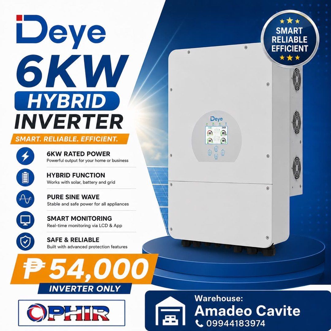 Deye 6KW Hybrid Inverter (Category: Construction & Building Materials) located in Taguig. Submitted by apacollectibles (Listing ID 1441712014, Image 1). Description: - Deye 6KW Hybrid Inverter - 6KW Rated Power: Ideal for home or business - Versatile: Works with solar, battery, and grid - Pure Sine Wave Output: Ensures stable and safe power - Real-time Monitoring: Via LCD screen and mobile app - Advanced Protection Features: For enhanced safety -
