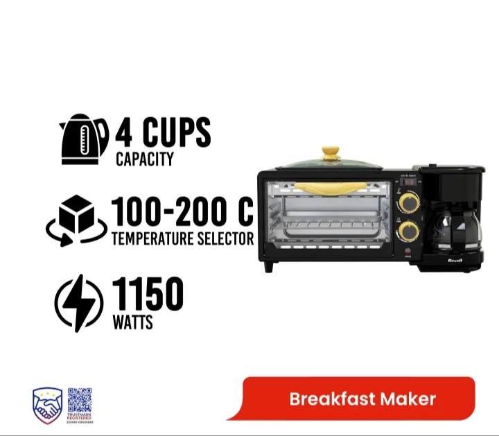 Dowell BM-33 3-in-1 Breakfast Maker Oven Coffee Maker (Category: Ovens & Toasters) located in Manila. Submitted by biaman (Listing ID 1441757730, Image 3). Description: - 3-in-1 appliance: Toaster oven, coffee maker, and griddle - 4-cup oven capacity - Temperature selector: 100-200°C - Easy to clean removable parts - Ideal for small kitchens and dorm rooms - 1150 Watts.