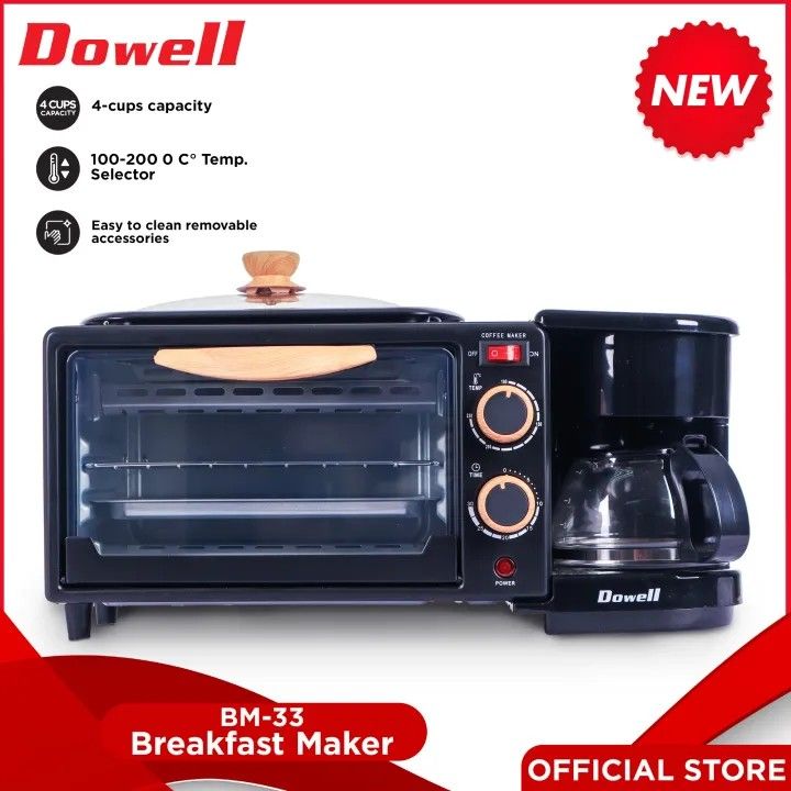 Dowell BM-33 3-in-1 Breakfast Maker Oven Coffee Maker (Category: Ovens & Toasters) located in Manila. Submitted by biaman (Listing ID 1441757730, Image 2). Description: - 3-in-1 appliance: Toaster oven, coffee maker, and griddle - 4-cup oven capacity - Temperature selector: 100-200°C - Easy to clean removable parts - Ideal for small kitchens and dorm rooms - 1150 Watts.