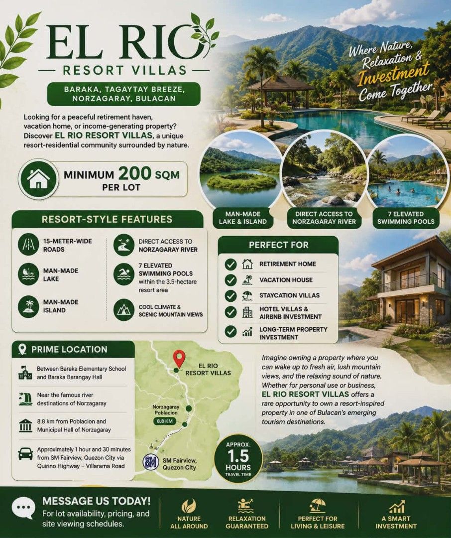 El Rio Resort Villas (Category: Lot) located in San Jose del Monte. Submitted by kikayjeng (Listing ID 1441663555, Image 1). Description: EL RIO RESORT VILLAS 📍 Baraka, Norzagaray, Bulacan Own a resort-style property perfect for living or investment! 🏡 200sqm minimum lot ✔ Direct access to river ✔ With man-made lake & island ✔ 7 elevated swimming pools ✔ 15m wide roads ✔ Cool climate + mountain views Perfect for: ✔ Vacation / Retirement Home ✔ 