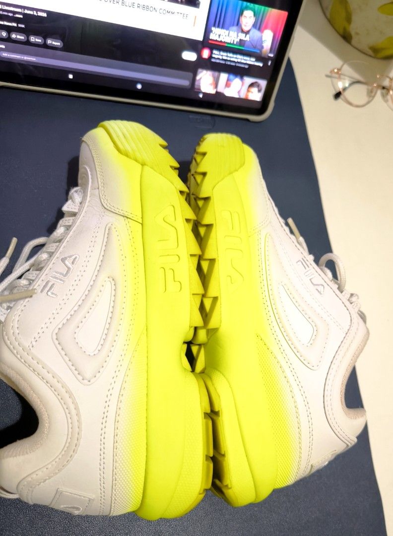 FILA Disruptor II "Brights Fade" (Category: Sneakers) located in San Juan City. Submitted by nagd. (Listing ID 1441699775, Image 3). Description: Size 25.5cm (8.5US) 39.5Euro San Juan City Rfs : decluttering FILA Disruptor II "Brights Fade". This model is a variation of the iconic chunky "dad shoe" featuring a distinctive neon color gradient. Colorway: Primarily white leather upper that "fades" into a vibrant Neon Yellow (also referred to as Safe