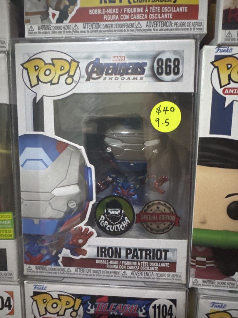 Funko Pop Avengers Endgame Iron Patriot 868 (Category: Toys & Games) located in Singapore. Submitted by thailanddmstore (Listing ID 1441621276, Image 1). Description: - Iron Patriot Funko Pop Figure - Avengers Endgame Collection #868 - Popcultcha Exclusive Special Edition - Box has a price sticker attached - Perfect for Marvel and Funko collectors.