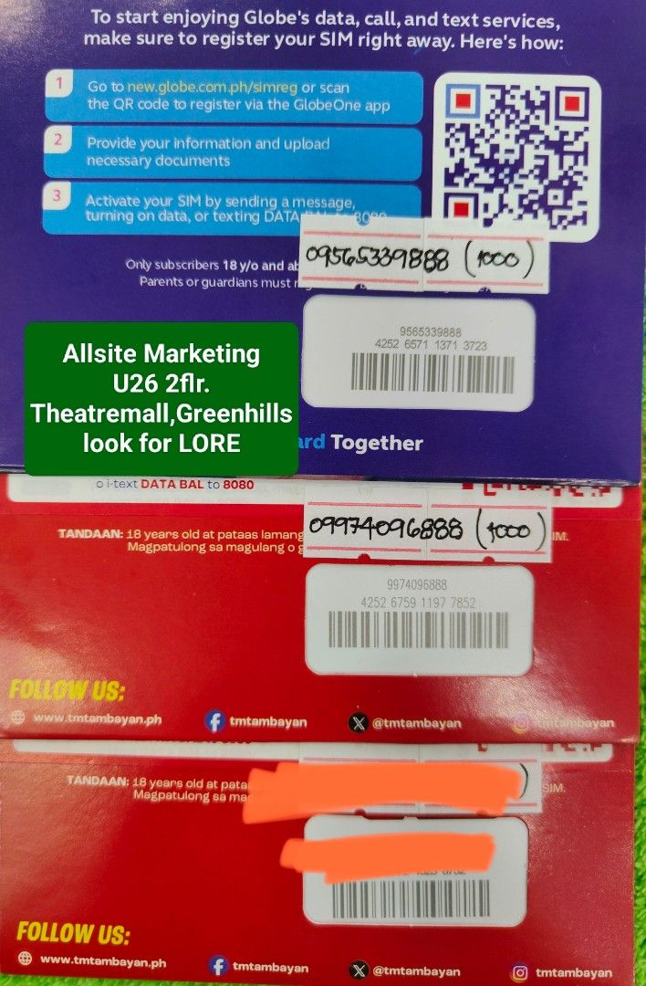GLOBE/TM SPECIAL NUMBERS (2027) (Category: Sim Cards) located in San Juan City. Submitted by genonlore (Listing ID 1440892061, Image 1). Description: _____store location_____ allsite marketing u26 2flr. theatremall,greenhills look for LORE SIM REGISTRATION must required.