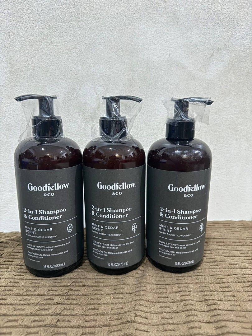Goodfellow & Co 2-in-1 Shampoo & Conditioner Mint & Cedar (3 Pack) (Category: Hair) located in Bulacan. Submitted by jenelynichole (Listing ID 1441733566, Image 1). Description: - Set of 3 Goodfellow & Co 2-in-1 Shampoo & Conditioner bottles - Scent: Mint & Cedar - Size: 16 fl oz (473 mL) per bottle - Key Ingredients: Hops extract (soothes dry/damaged hair & scalp), Avocado oil (moisturizes & strengthens hair) - Benefits: Cleanses and conditions 