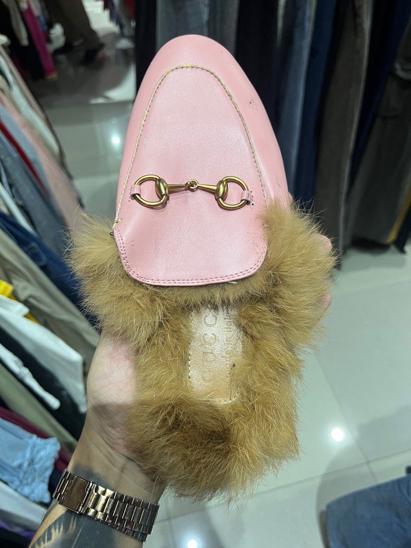 Gucci Pink Leather Fur Mules Slides Size 38 (Category: Slippers and slides) located in Caloocan City. Submitted by pumarenluc79160 (Listing ID 1441643216, Image 3). Description: - Pink leather mules - Fur trim - Gold horsebit detail - Made in Italy - Size: 38 - Condition: Minor scuffs on leather, some wear on soles - A true statement piece!.