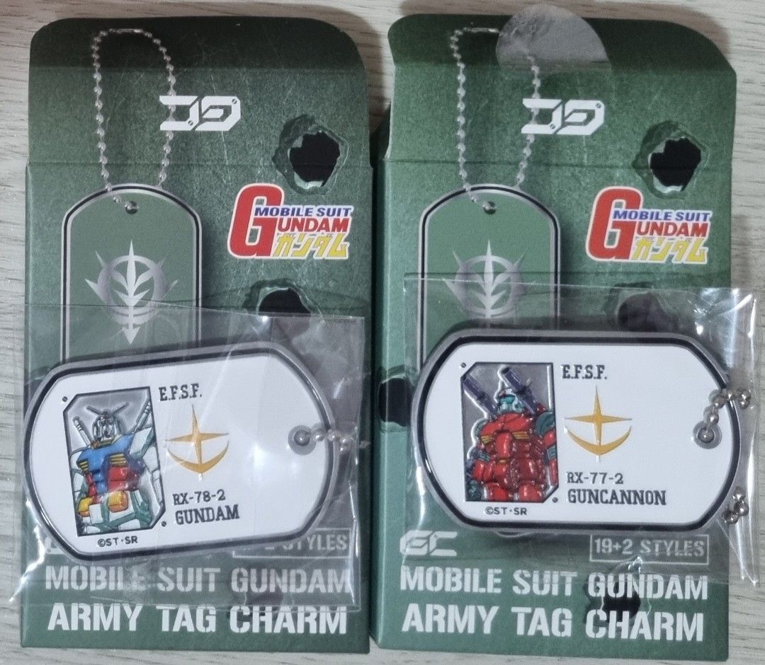 Gundam Army Tag Charm RX-78-2 & RX-77-2 (Category: J-Wave Merchandise) located in Singapore. Submitted by andy.ong.5243 (Listing ID 1441713771, Image 1). Description: - Set of 2 Mobile Suit Gundam Army Tag Charms - Includes RX-78-2 Gundam and RX-77-2 Guncannon designs - Features E.F.S.F. (Earth Federation Space Force) branding - Brand new in original packaging - Ideal for Gundam fans and collectors.
