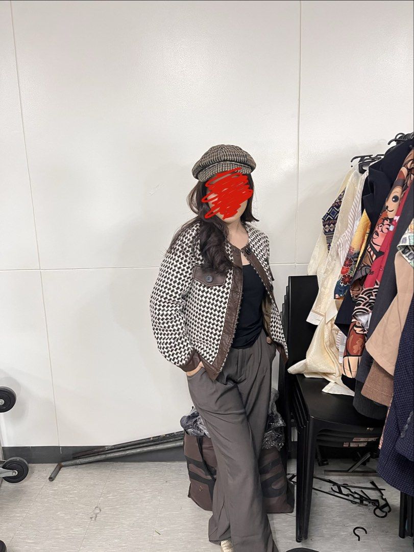Houndstooth Pattern Jacket with Leather Accents (Category: Coats, Jackets and Outerwear) located in Cavite. Submitted by cvshops (Listing ID 1437880453, Image 1). Description: Super nice! Love this brown leather jacket kasi very bagay sa vibe ng daily outfits. I’m size Small-medium. This fits S-SemiL Slight scratches and leather damage on cuffs - Houndstooth pattern jacket - Brown leather accents - Round neckline - Button closure - Two front pock