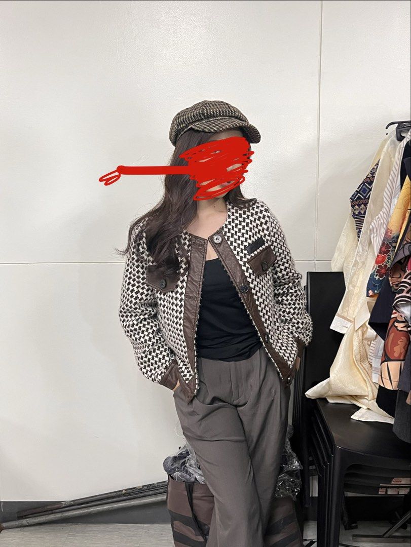 Houndstooth Pattern Jacket with Leather Accents (Category: Coats, Jackets and Outerwear) located in Cavite. Submitted by cvshops (Listing ID 1437880453, Image 2). Description: Super nice! Love this brown leather jacket kasi very bagay sa vibe ng daily outfits. I’m size Small-medium. This fits S-SemiL Slight scratches and leather damage on cuffs - Houndstooth pattern jacket - Brown leather accents - Round neckline - Button closure - Two front pock