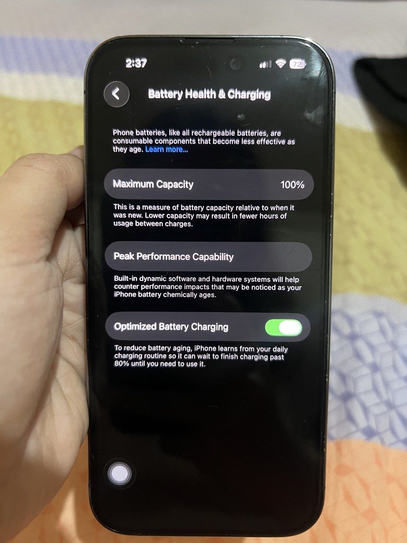 Iphone 14 Pro 256 GB 100BH (Category: iPhone 14 Series) located in Quezon City. Submitted by plzdeclutter (Listing ID 1441652424, Image 3). Description: - iPhone 14 Pro - 256 GB Storage - Deep Purple Color - Replaced genuine battery, genuine camera (100% Battery Health) - Lady owned - Apple bought -Unit only - rfs: upgrade .
