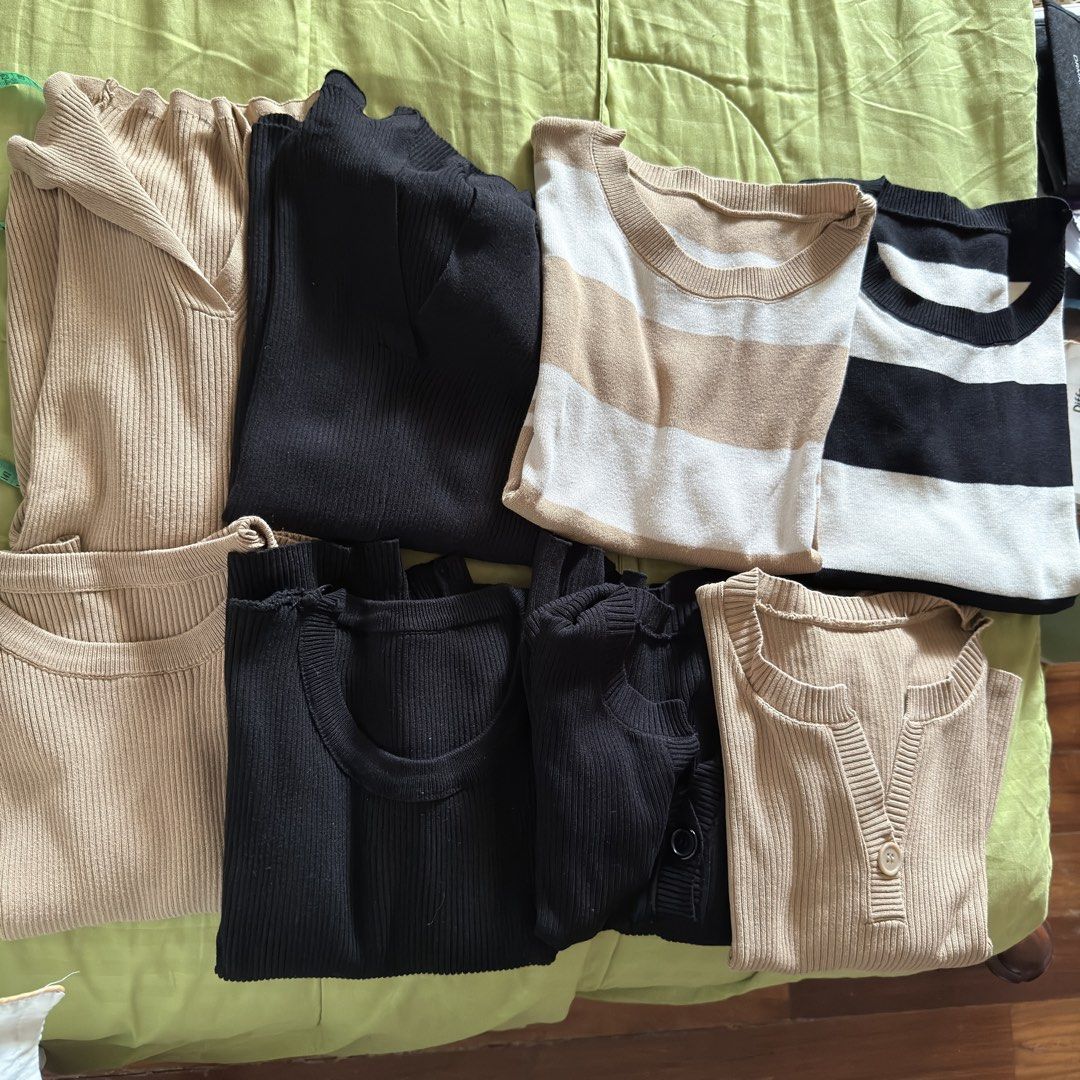 Knit Tops Bundle (Category: Blouses) located in Davao. Submitted by keirousel (Listing ID 1441600136, Image 1). Description: - Bundle includes 8 knit tops. - Free-size, fits S to L - Some tops have decorative button details at the neckline. - Comfortable and versatile pieces, perfect for everyday wear. - Great for layering or wearing solo. Rest assured, these are still in like-new condition! I don’t go out much, so they only get used during vacat