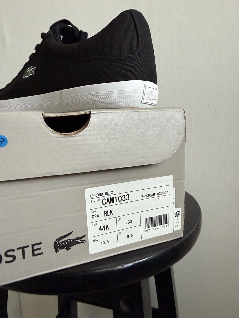 Lacoste Lerond BL 2 Black Canvas Sneakers (Category: Casual Shoes) located in Las Pinas. Submitted by MrsBii (Listing ID 1441634341, Image 3). Description: - Brand: Lacoste - Model: Lerond BL 2 - Color: Black - Material: Canvas - Style: Classic low-top - Sole: White - Size: 44 EU / 10.5 US - Condition: Comes with original box and paper - Perfect for: Casual wear.