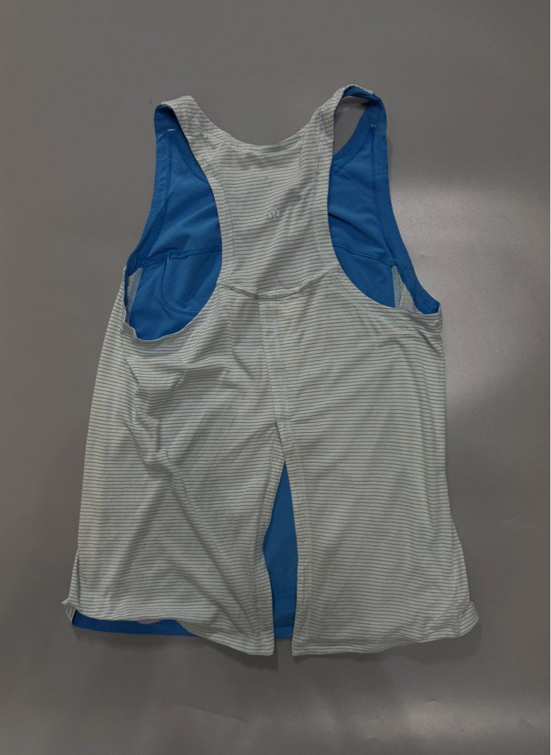 Lululemon Blue Striped Racerback Tank Top (Category: Activewear) located in Alaminos. Submitted by outfitcheck.ph (Listing ID 1441711385, Image 2). Description: - Blue Lululemon tank top - Light blue and white stripe details on back and sides - Racerback style - Small chest pocket on front - Ideal for workouts or casual wear - Comfortable and breathable material.