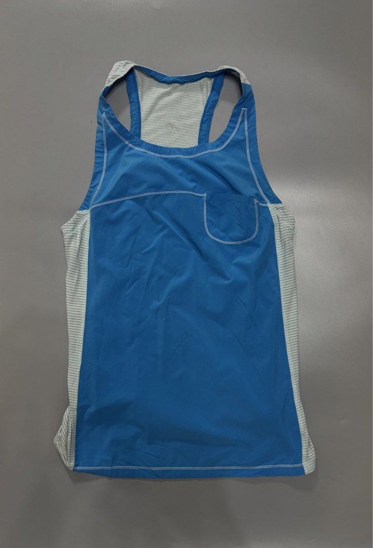 Lululemon Blue Striped Racerback Tank Top (Category: Activewear) located in Alaminos. Submitted by outfitcheck.ph (Listing ID 1441711385, Image 1). Description: - Blue Lululemon tank top - Light blue and white stripe details on back and sides - Racerback style - Small chest pocket on front - Ideal for workouts or casual wear - Comfortable and breathable material.