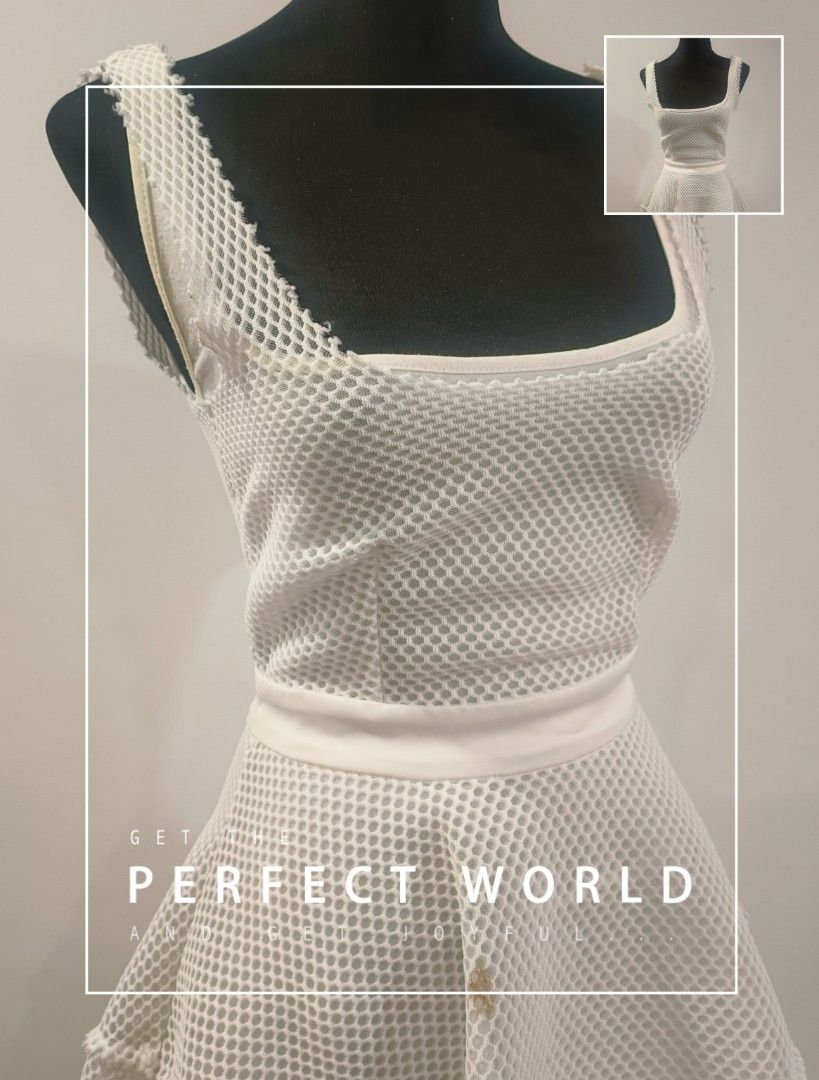 Maje Diva Honeycomb White Mesh Dress (Category: Dresses) located in Makati City. Submitted by fashion_thrift_ (Listing ID 1441623656, Image 1). Description: White mesh dress with a square neckline. Sleeveless design. The skirt has a ruffled, tiered look. Button details are visible on the skirt. Unique textured fabric. Great for a party or a casual outing..