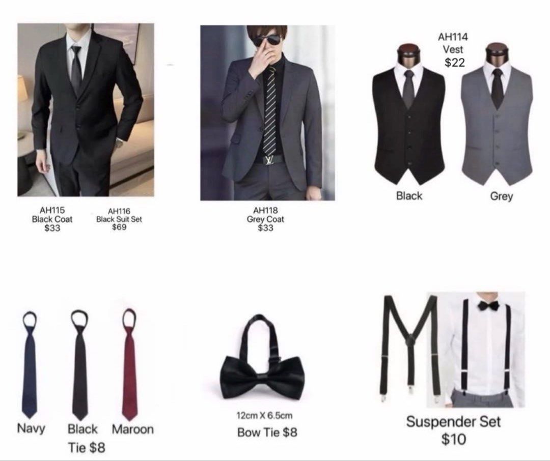 Male Professional Wedding Dress Suit Vest Coat Men Casual Light Mature Style Business Interview Formal Wear Professional Large Size Suit Vest Dress Suit (AH114/AH115/AH116/AH118) (Category: Sets & Coordinates) located in Singapore. Submitted by ly182 (Listing ID 1441586334, Image 2). Description: AH116 Suit set $69 (coat,pants, white shirt and black tie) AH115/AH118 Coat $33 AH114 Vest $22 Bow Tie single layer $5 Bow Tie two layer $8 Zipper Tie $
