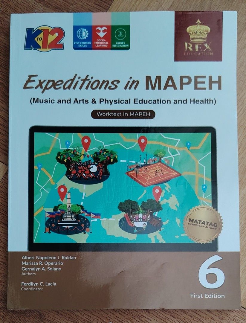 MAPEH Worktext - Grade 6 (Category: Textbooks) located in Paranaque City. Submitted by dudezz1222 (Listing ID 1441626838, Image 1). Description: - Grade 6 MAPEH Worktext (Music, Arts, Physical Education, and Health) - First Edition by REX Education - Follows the 2023 MATATAG Curriculum - Ideal for students learning MAPEH.