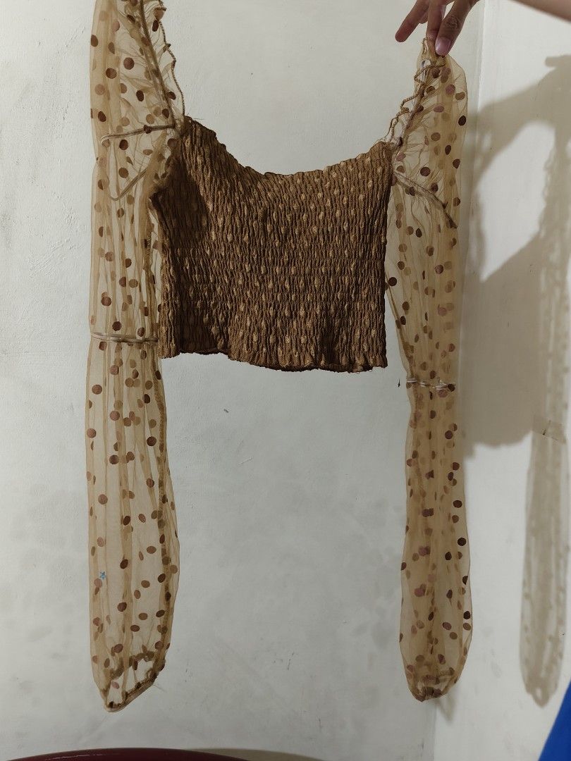 mesh long sleeve polka dot smocked top (Category: Others Tops) located in Bulacan. Submitted by angel.decluttersx (Listing ID 1441728848, Image 2). Description: all garters are working! freesize!! neckline: square neck slight stretch material pictures may vary to lighting.