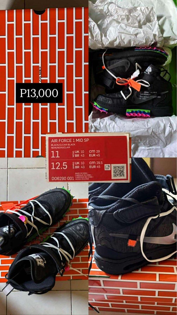 Nike Air Force 1 Mid SP Off-White Black (Category: Sneakers) located in Talisay. Submitted by swiftsar (Listing ID 1441771045, Image 1). Description: - Authentic Nike Air Force 1 Mid SP - Off-White Collaboration - Color: Black - Size: 11 US Men's - Includes Original Box - Includes Original Tags - Price: P13,000 - Feel free to ask questions!.