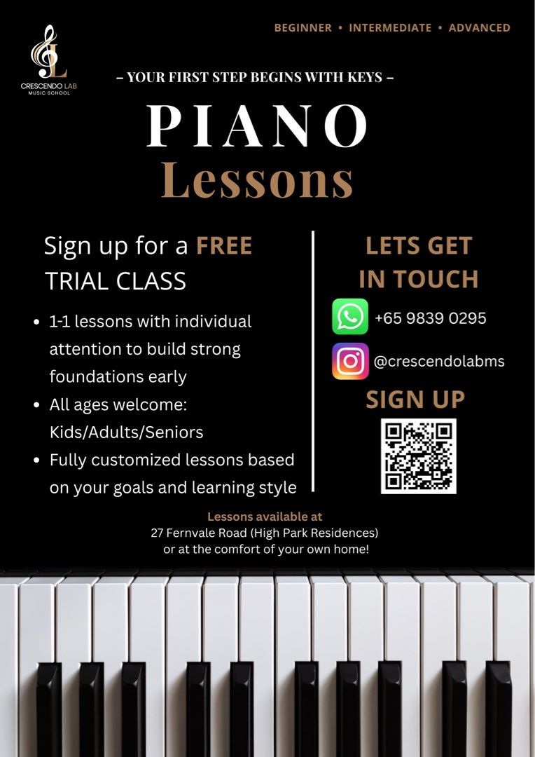 Piano Lessons (Category: Music & Arts Classes) located in Singapore. Submitted by crescendolabms (Listing ID 1441649708, Image 1). Description: Our students range from as young as 3 years old to adult learners in their 50s, so whether you are introducing your child to music, preparing for graded exams, picking up an instrument for personal interest, or exploring music later in life, we are here to support your journey. Lessons can be shaped aroun