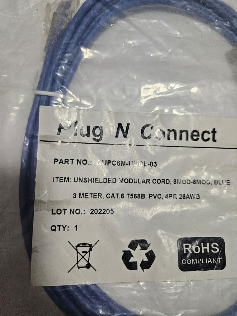 Plug N Connect CAT6 LAN cable, 3 meter, blue - (Brand new) (Category: Cables & Adaptors) located in Singapore. Submitted by jj_miah (Listing ID 1441736032, Image 2). Description: - Brand new Plug N Connect CAT6 LAN cable - Length: 3 meters - Color: Blue - Category: CAT6 (T568B) - Construction: Unshielded, PVC jacket, 4 pair 28AWG - RoHS Compliant - Ideal for fast and stable network connections.