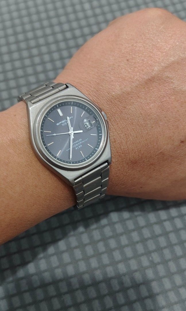 Rare Epsilon Seiko Alba Solar Full Titanium (Category: Men's Watches) located in Cebu City. Submitted by aceoftime (Listing ID 1441755567, Image 3). Description: Pre-Owned In good working condition Features Seiko V145 Solar quartz movt Date window quickset Full titanium case & bracelet Rated 100m water resist Watch only Our Guarantee: 💯 Authentic All watches are checked by our experienced tech to ensure good functionality Please manage your expe